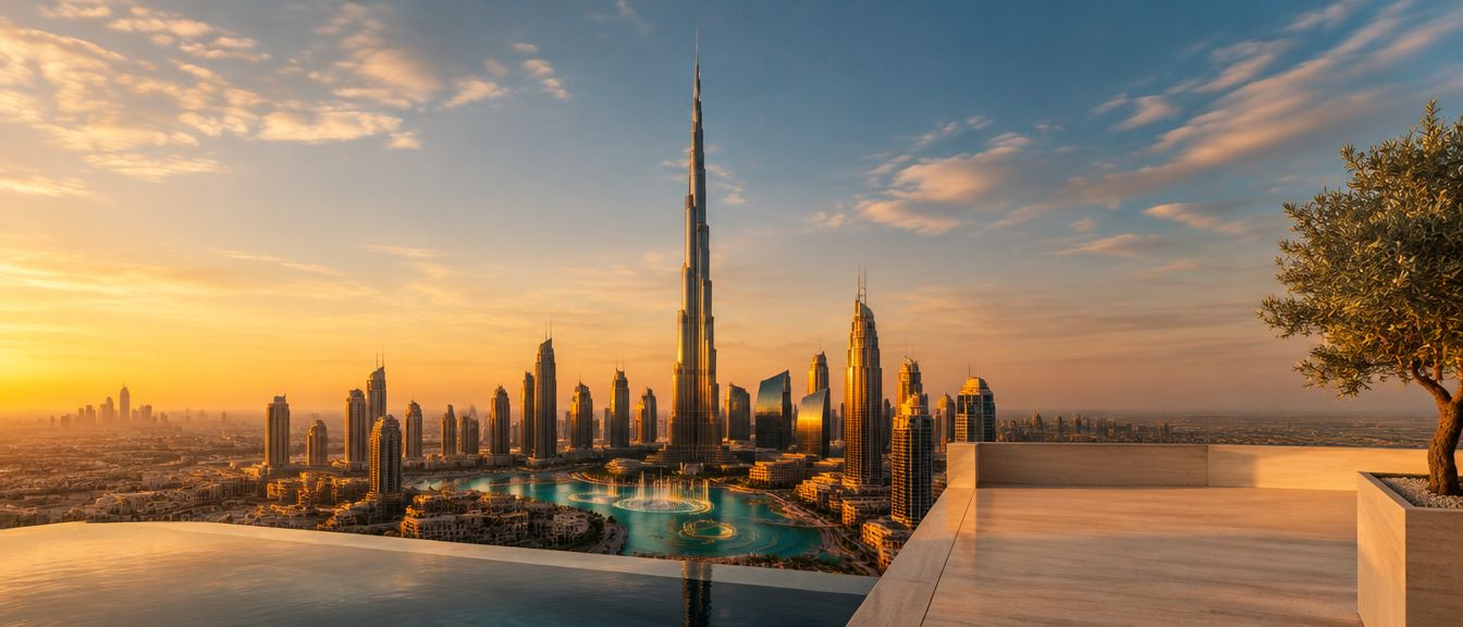 Il Burj Khalifa e Downtown Dubai al tramonto, visti da una terrazza